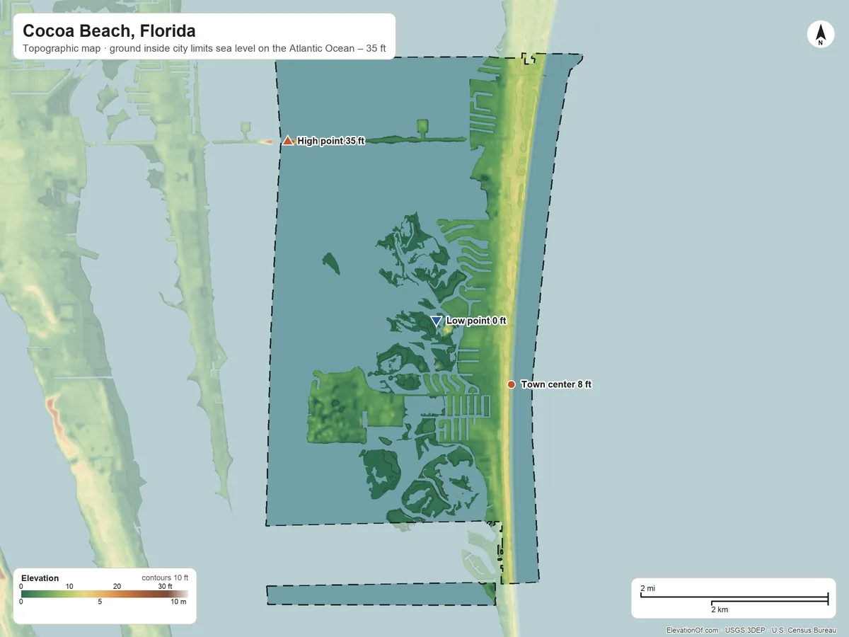 Topographic elevation map of Cocoa Beach, Florida, shaded from sea level level on the Atlantic Ocean to 35 ft on the northwest side
