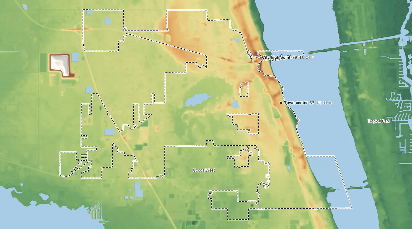 Topographic elevation map of Cocoa, Florida, shaded from 0 ft on the north side to 79 ft on the northwest side