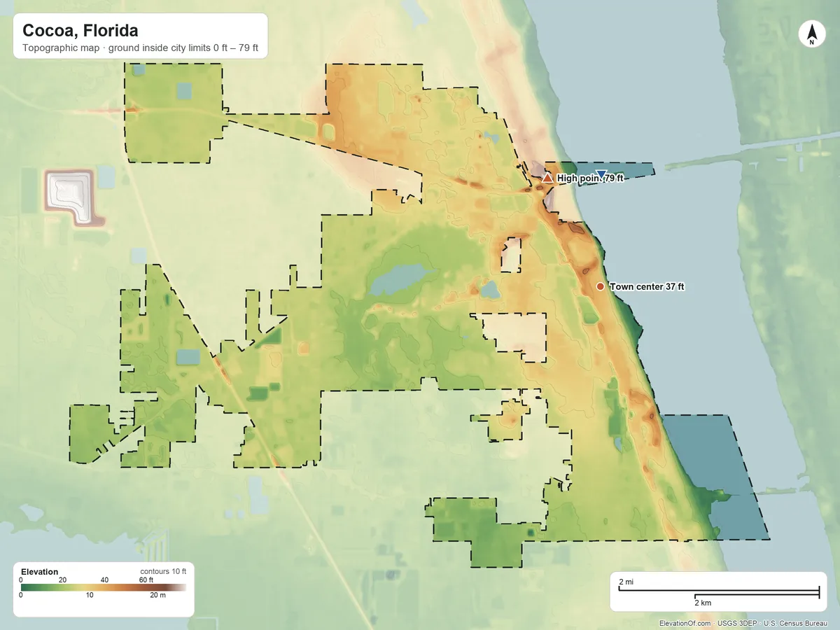 Topographic elevation map of Cocoa, Florida, shaded from 0 ft on the north side to 79 ft on the northwest side