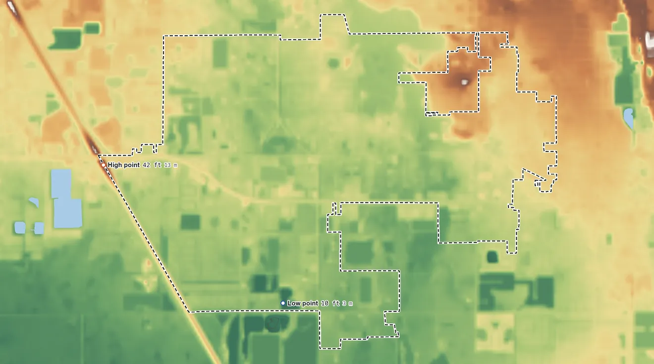 Topographic elevation map of Cocoa West, Florida, shaded from 10 ft on the south side to 42 ft on the west side