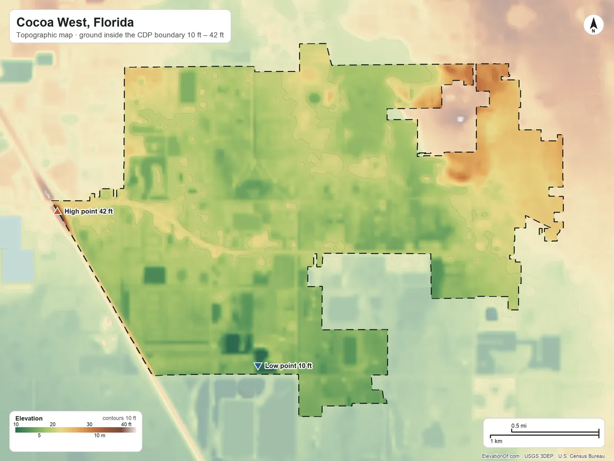 Topographic elevation map of Cocoa West, Florida, shaded from 10 ft on the south side to 42 ft on the west side