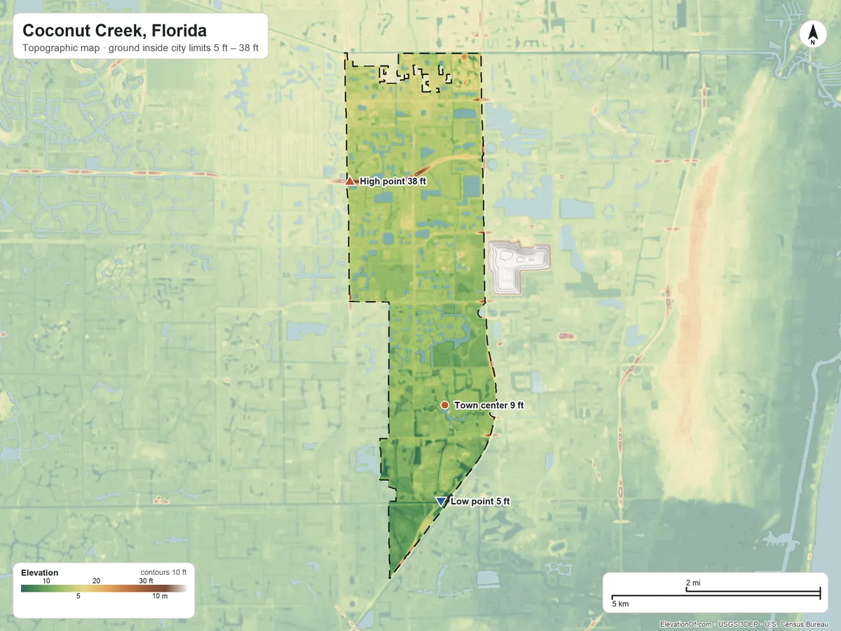 Topographic elevation map of Coconut Creek, Florida, shaded from 5 ft on the south side to 38 ft on the northwest side