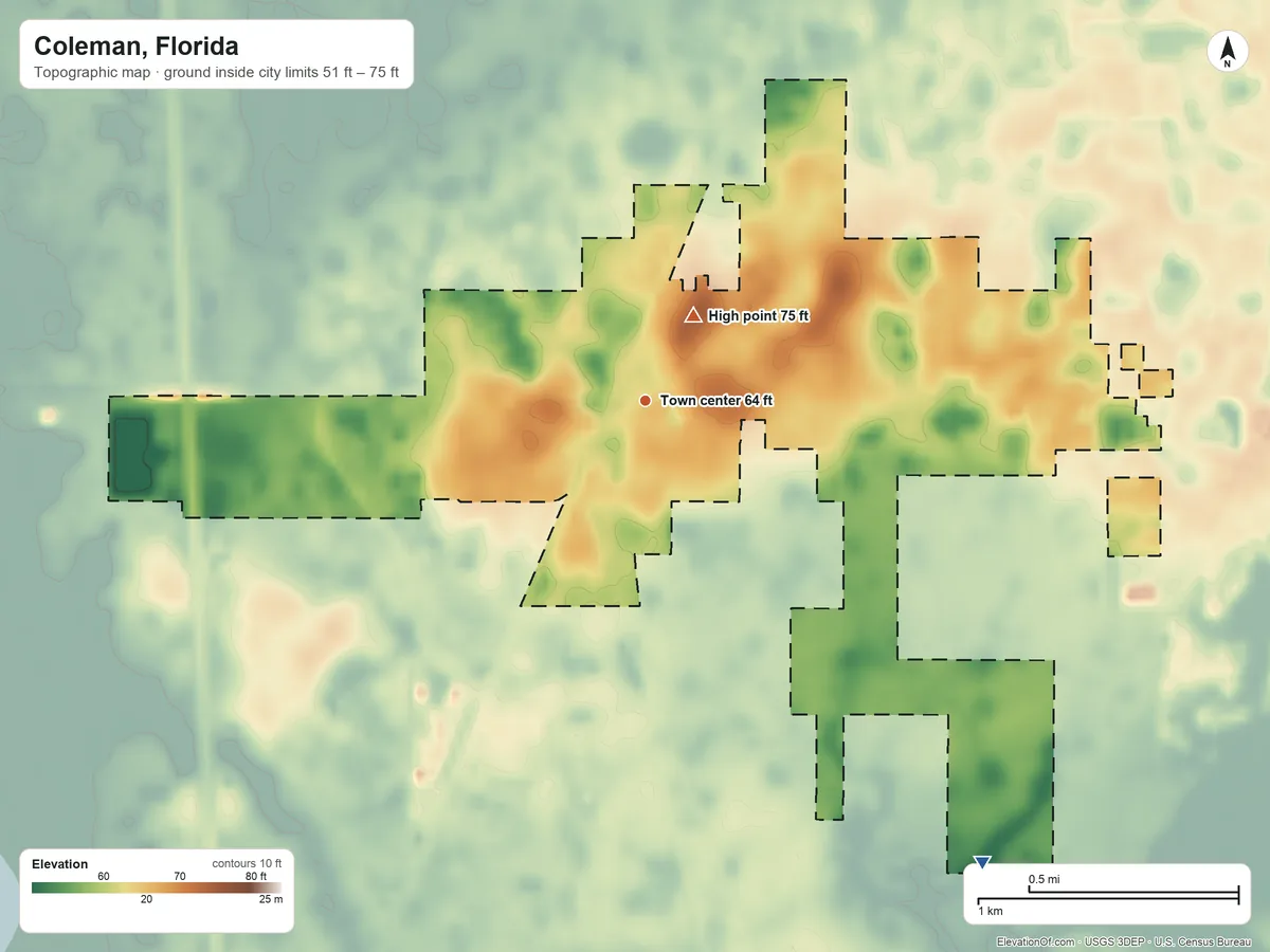 Topographic elevation map of Coleman, Florida, shaded from 51 ft on the southeast side to 75 ft near the middle