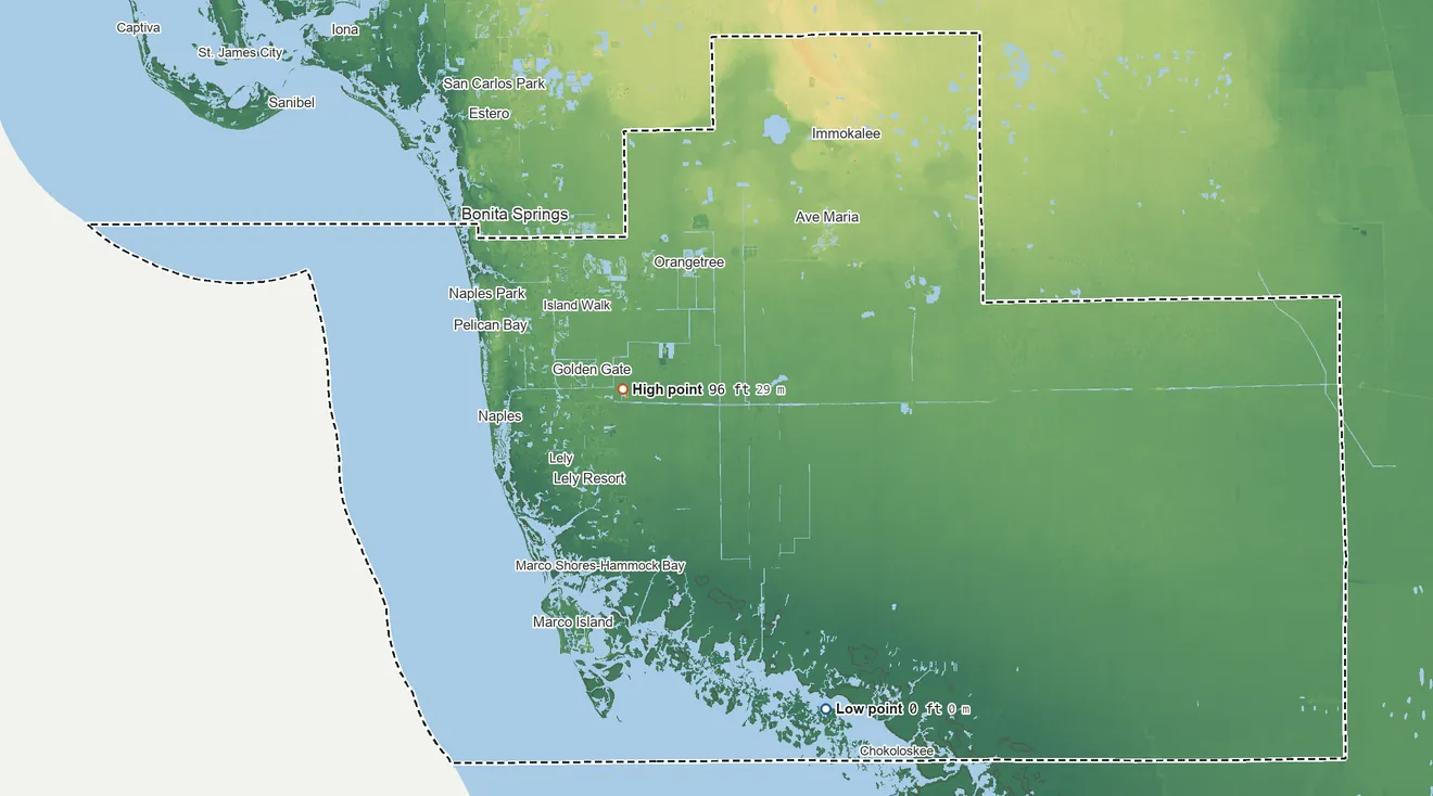 Topographic elevation map of Collier County, Florida, shaded from sea level on the Gulf of America to 96 ft near the middle