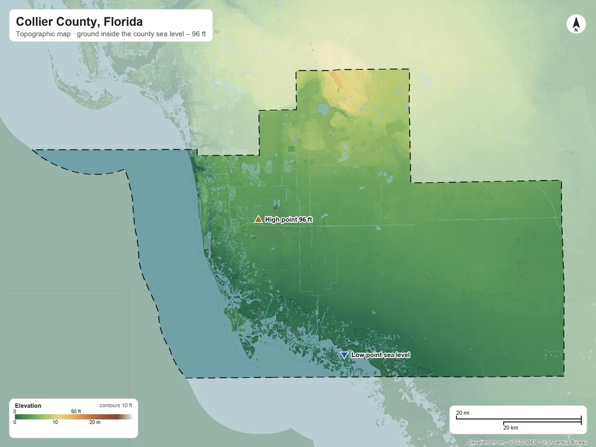 Topographic elevation map of Collier County, Florida, shaded from sea level on the Gulf of America to 96 ft near the middle