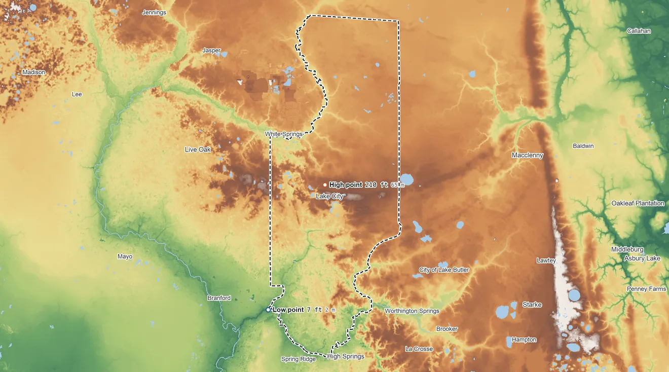 Topographic elevation map of Columbia County, Florida, shaded from 7 ft on the southwest side to 210 ft near the middle