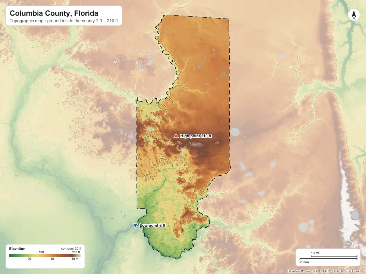 Topographic elevation map of Columbia County, Florida, shaded from 7 ft on the southwest side to 210 ft near the middle