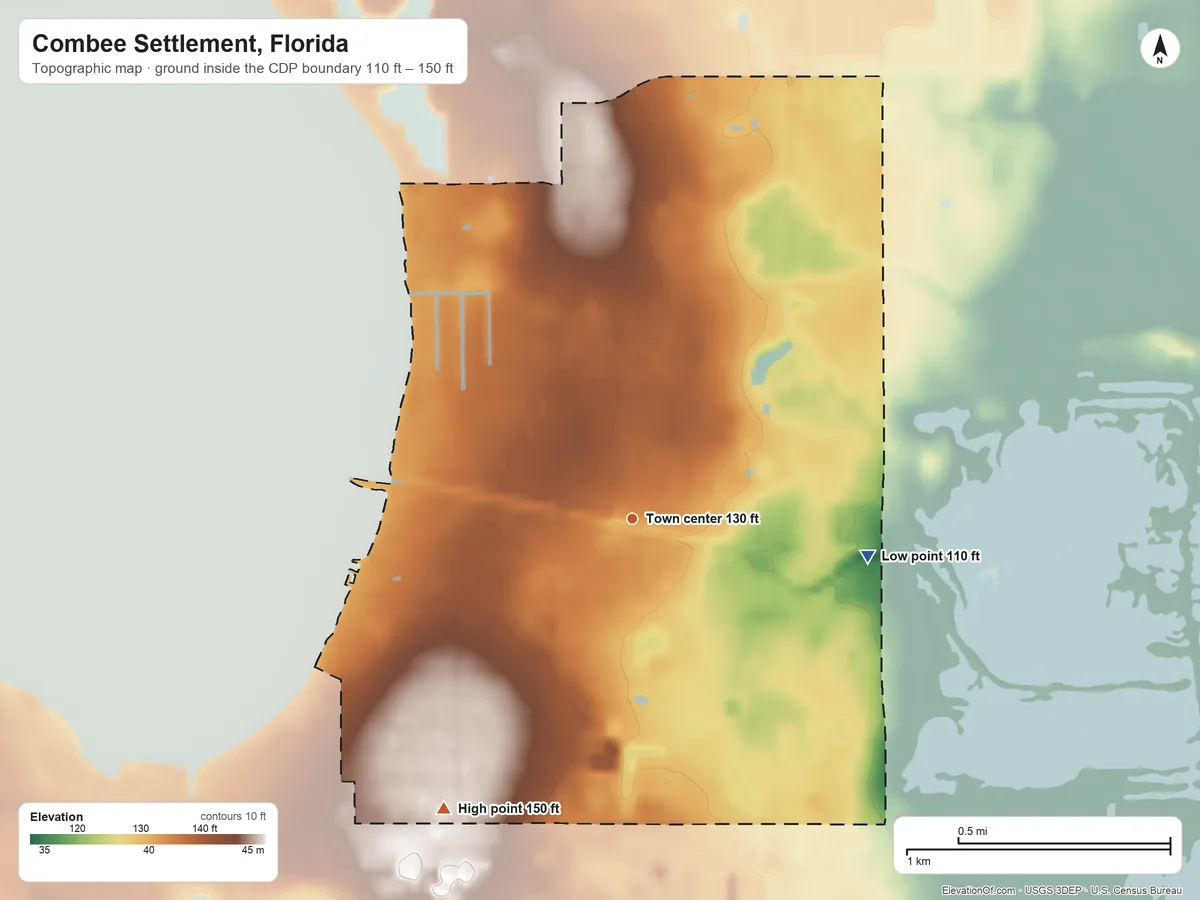 Topographic elevation map of Combee Settlement, Florida, shaded from 110 ft on the east side to 150 ft on the southwest side