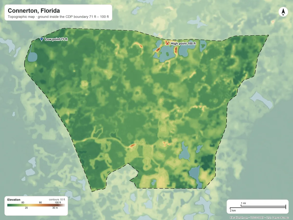 Topographic elevation map of Connerton, Florida, shaded from 71 ft on the northwest side to 100 ft on the north side