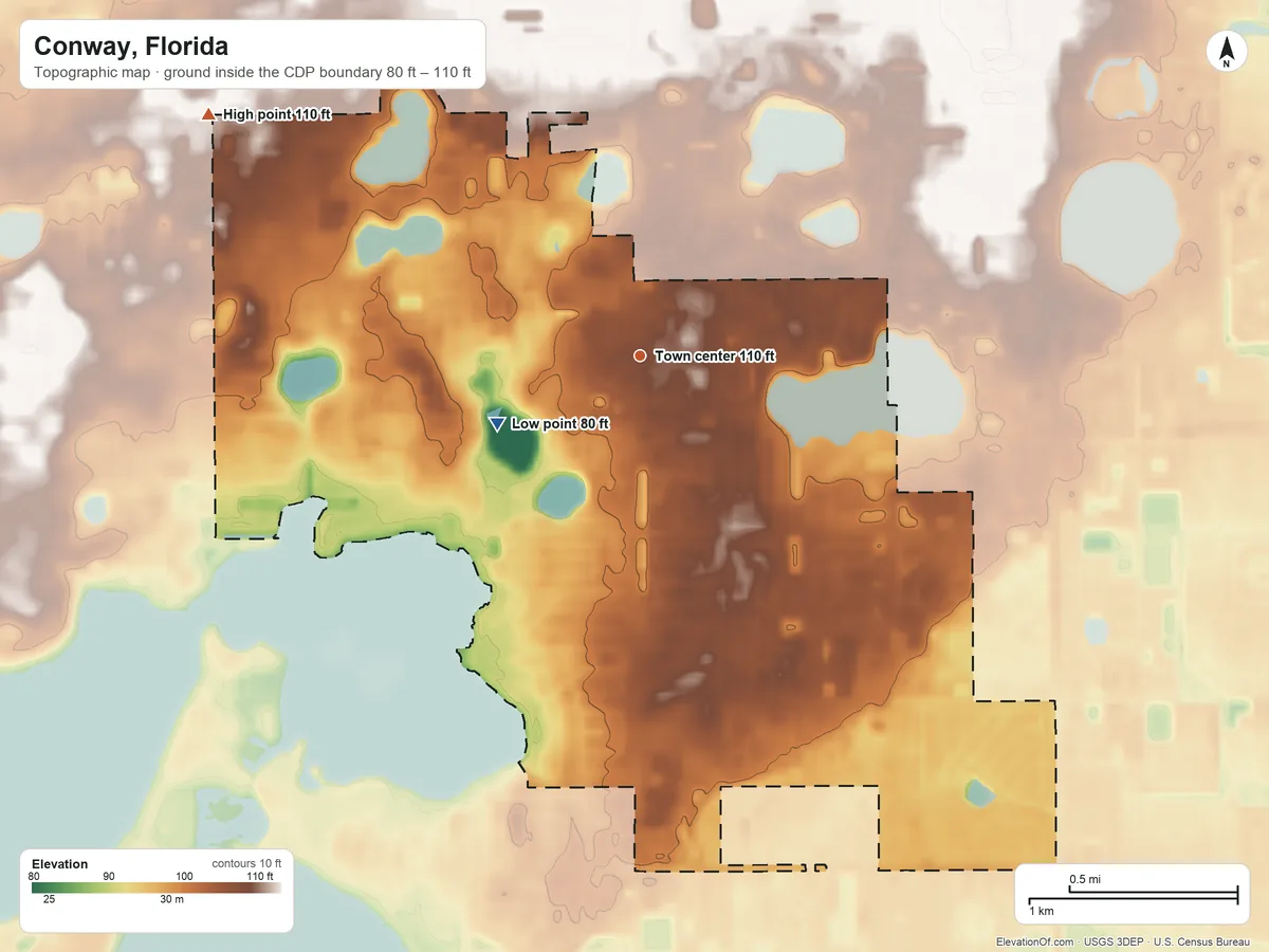 Topographic elevation map of Conway, Florida, shaded from 80 ft on the southwest side to 110 ft on the northwest side