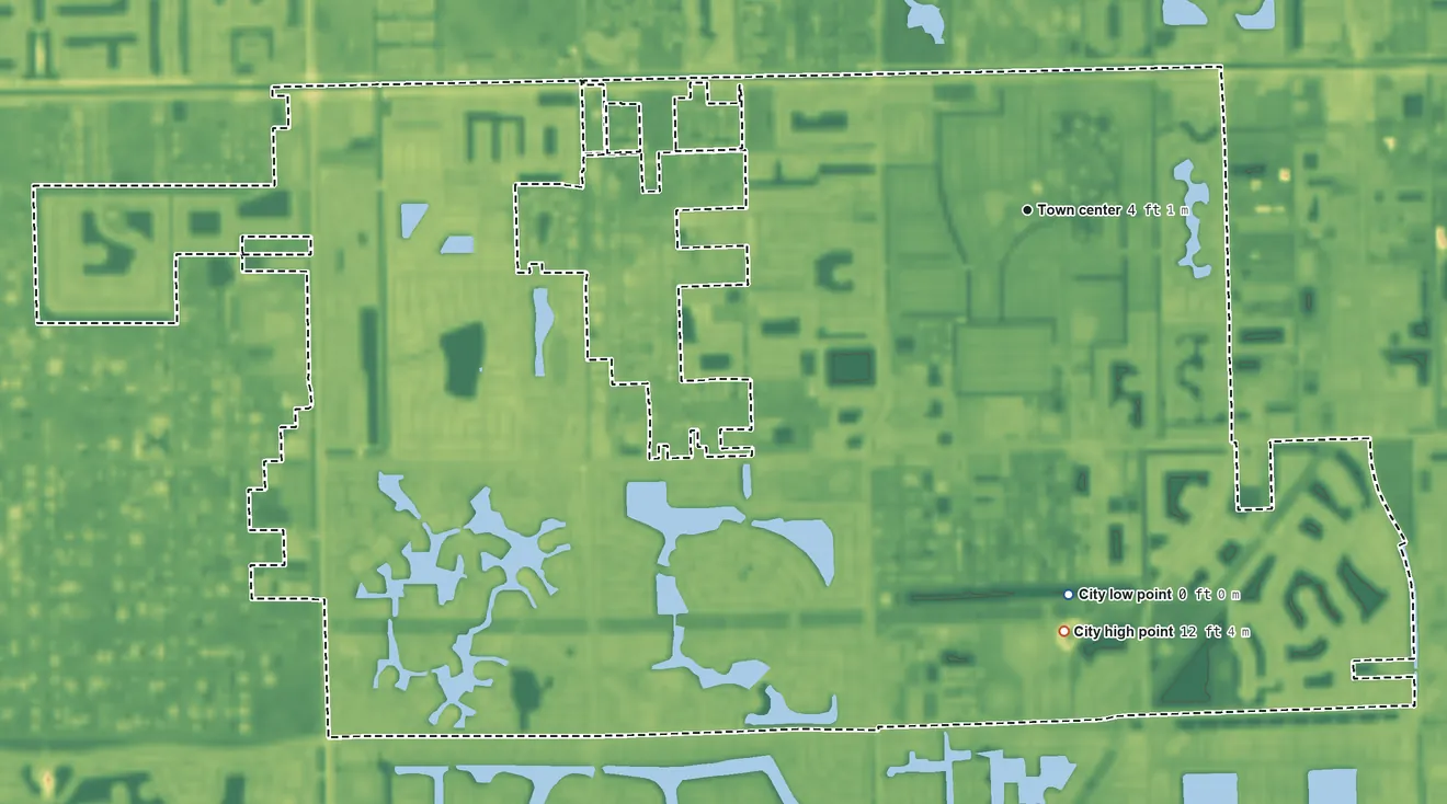Topographic elevation map of Cooper City, Florida, shaded from 0 ft on the south side to 12 ft on the south side