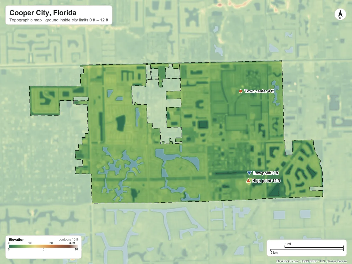 Topographic elevation map of Cooper City, Florida, shaded from 0 ft on the south side to 12 ft on the south side
