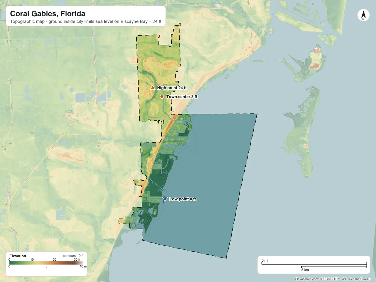 Topographic elevation map of Coral Gables, Florida, shaded from sea level level on Biscayne Bay to 24 ft near the middle