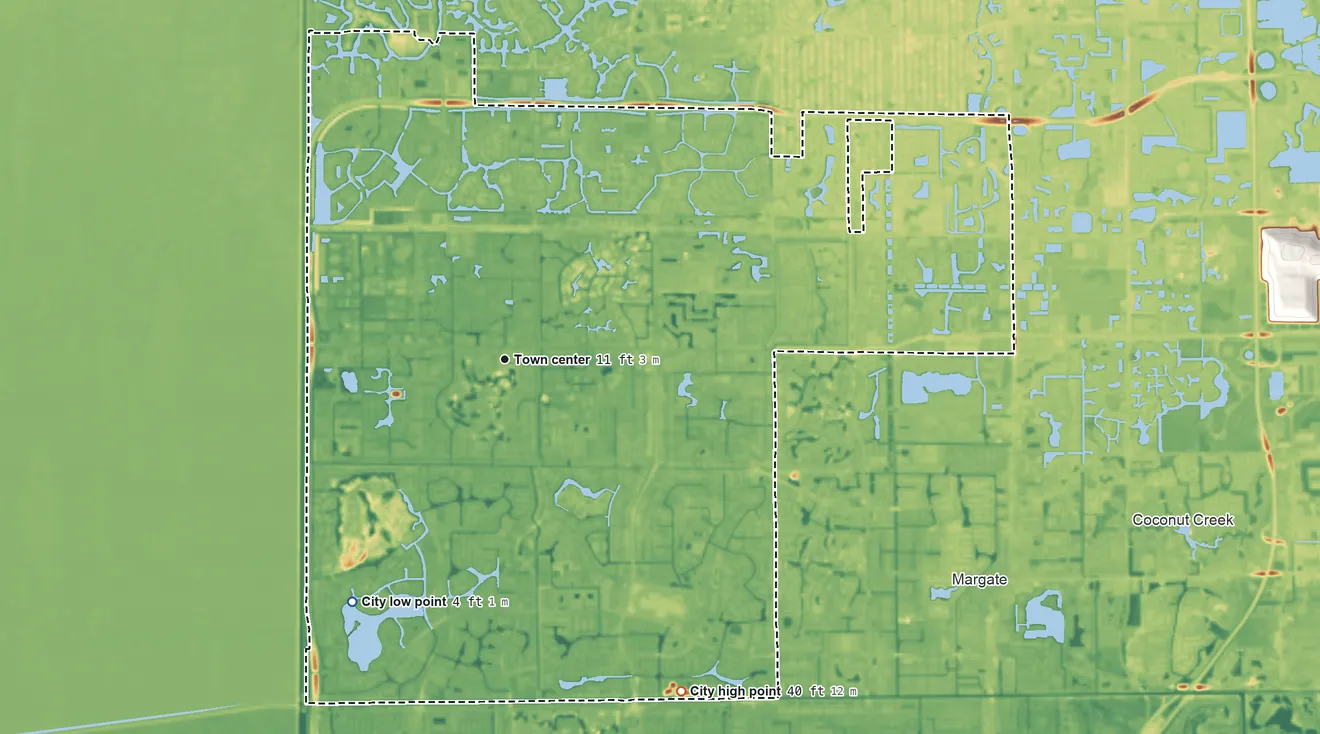 Topographic elevation map of Coral Springs, Florida, shaded from 4 ft on the southwest side to 40 ft on the southeast side