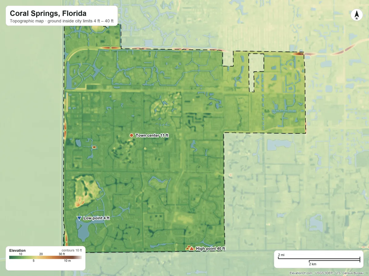 Topographic elevation map of Coral Springs, Florida, shaded from 4 ft on the southwest side to 40 ft on the southeast side