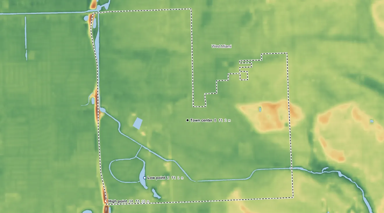Topographic elevation map of Coral Terrace, Florida, shaded from 2 ft on the southwest side to 34 ft on the southwest side