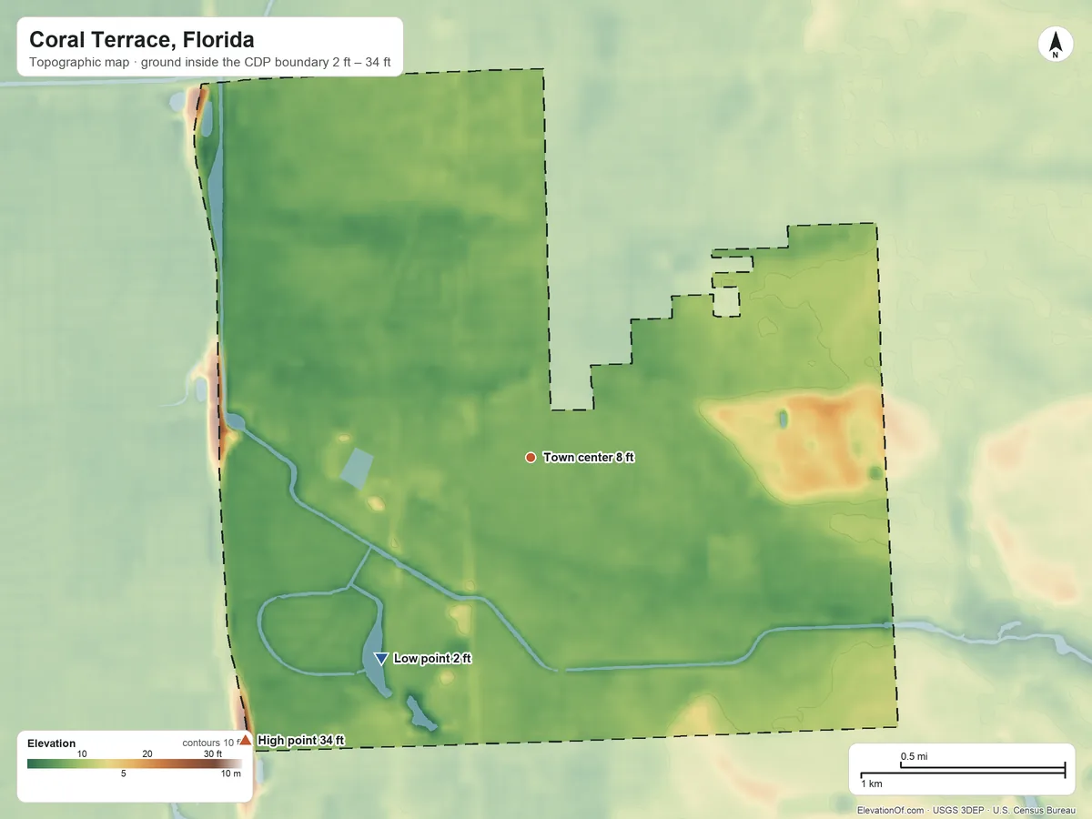 Topographic elevation map of Coral Terrace, Florida, shaded from 2 ft on the southwest side to 34 ft on the southwest side