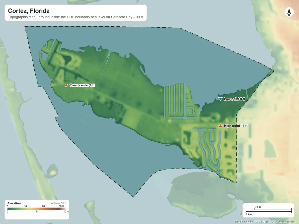 Topographic elevation map of Cortez, Florida, shaded from sea level level on Sarasota Bay to 11 ft on the east side