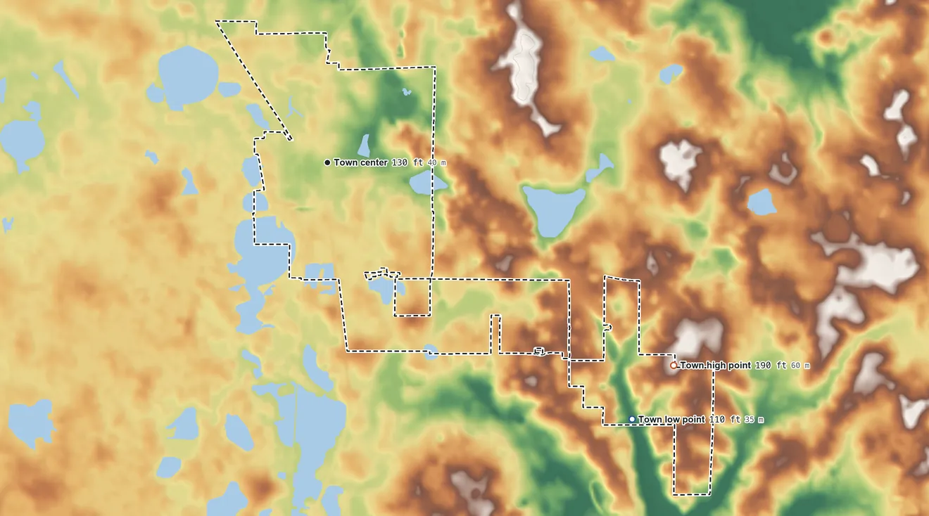 Topographic elevation map of Cottondale, Florida, shaded from 110 ft on the southeast side to 190 ft on the southeast side