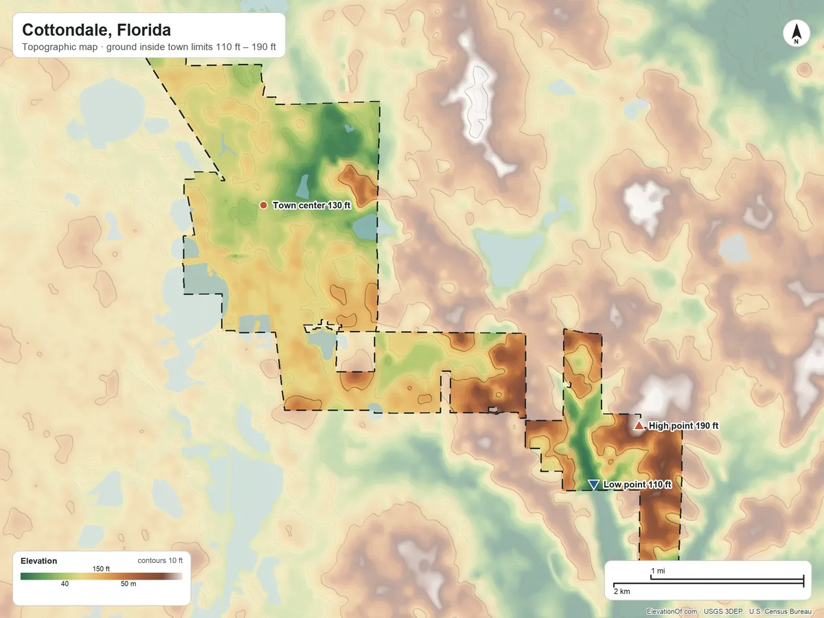 Topographic elevation map of Cottondale, Florida, shaded from 110 ft on the southeast side to 190 ft on the southeast side