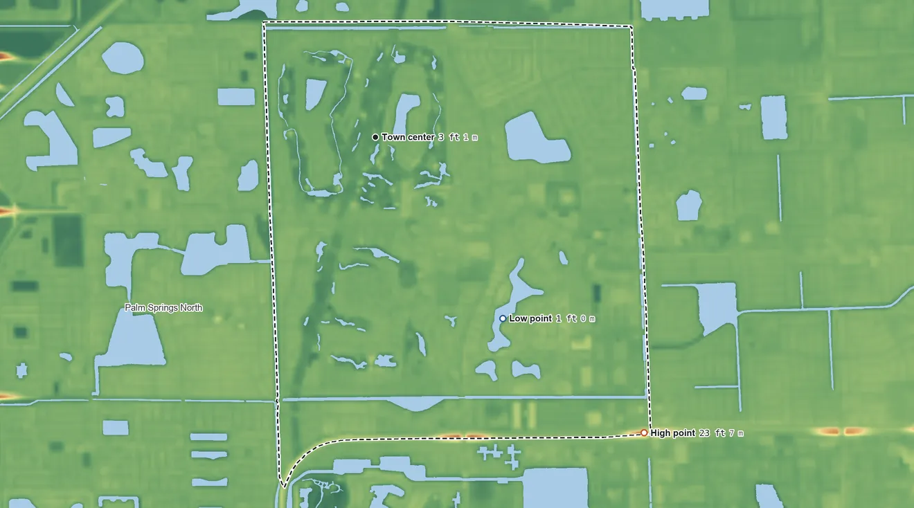 Topographic elevation map of Country Club, Florida, shaded from 1 ft on the southeast side to 23 ft on the southeast side