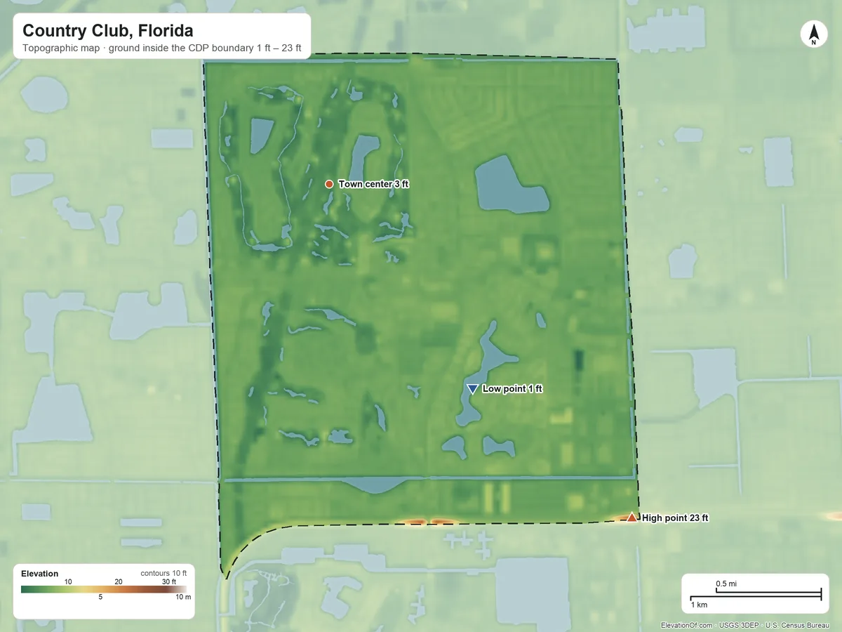 Topographic elevation map of Country Club, Florida, shaded from 1 ft on the southeast side to 23 ft on the southeast side