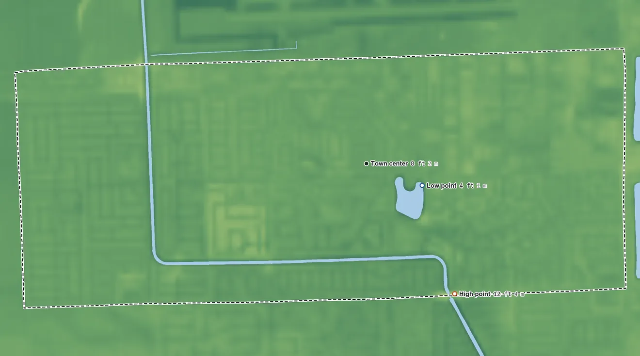 Topographic elevation map of Country Walk, Florida, shaded from 4 ft near the middle to 12 ft on the southeast side