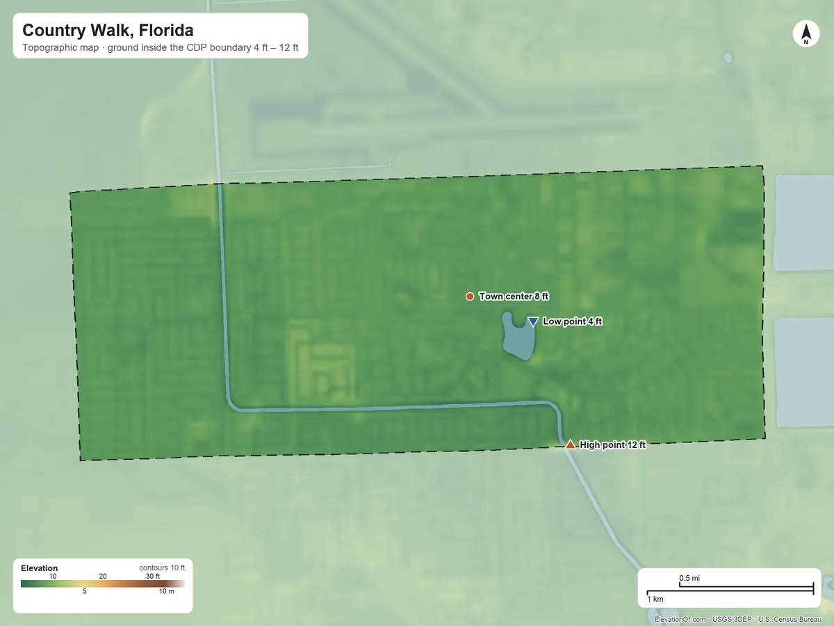 Topographic elevation map of Country Walk, Florida, shaded from 4 ft near the middle to 12 ft on the southeast side