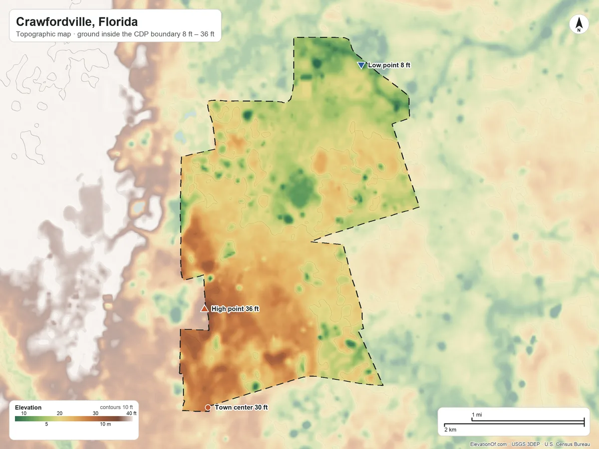 Topographic elevation map of Crawfordville, Florida, shaded from 8 ft on the northeast side to 36 ft on the north side