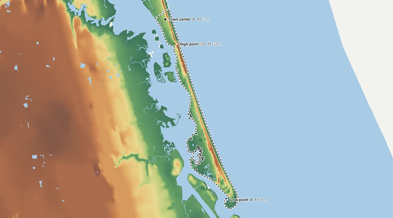 Topographic elevation map of Crescent Beach, Florida, shaded from sea level level on Matanzas Inlet to 33 ft on the southeast side