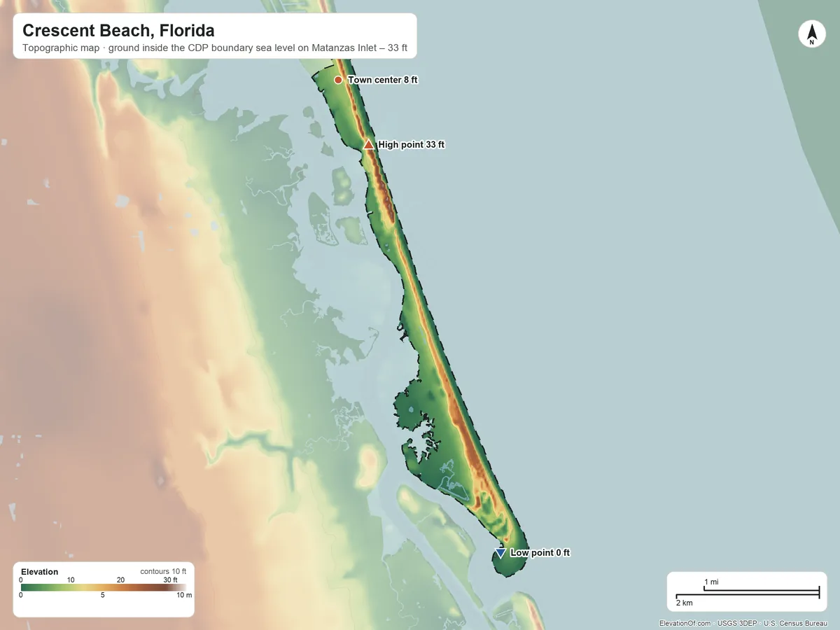 Topographic elevation map of Crescent Beach, Florida, shaded from sea level level on Matanzas Inlet to 33 ft on the southeast side