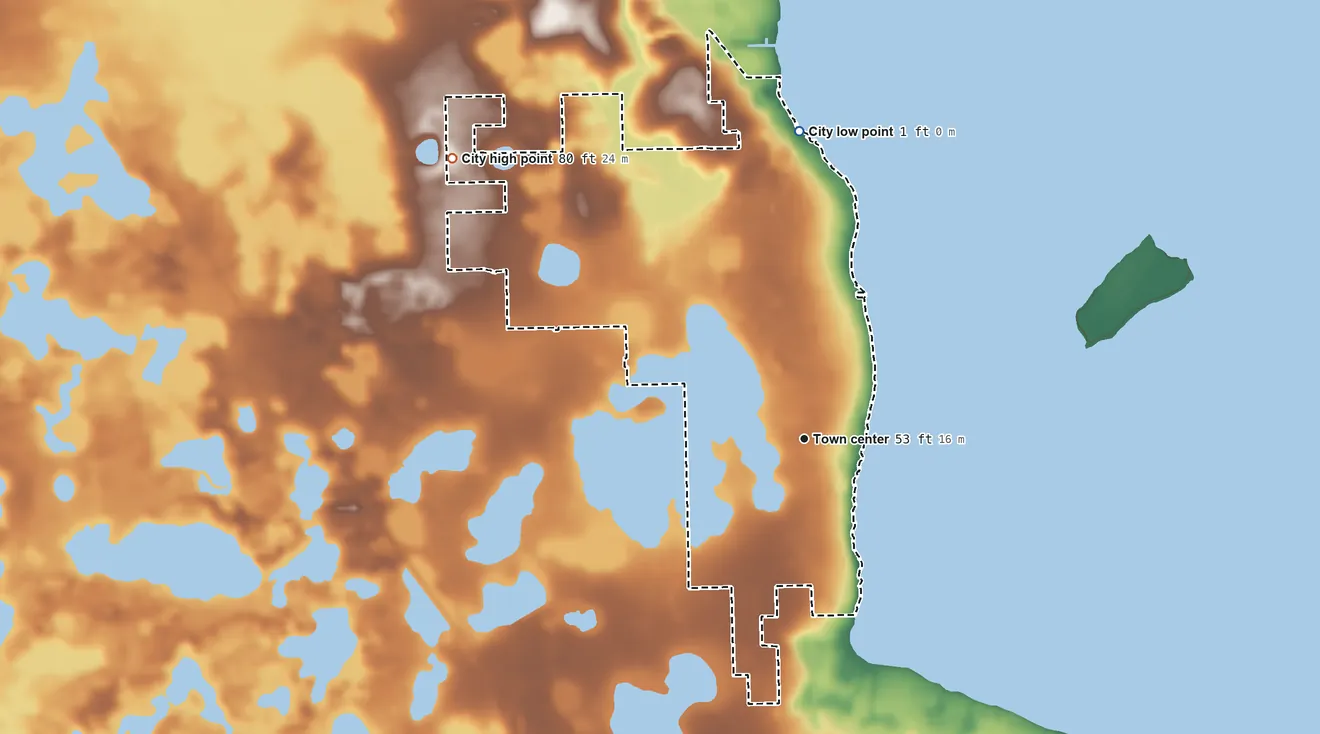 Topographic elevation map of Crescent City, Florida, shaded from 1 ft on the north side to 80 ft on the northwest side