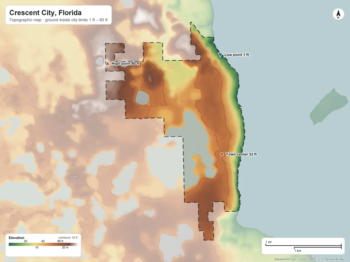 Topographic elevation map of Crescent City, Florida, shaded from 1 ft on the north side to 80 ft on the northwest side