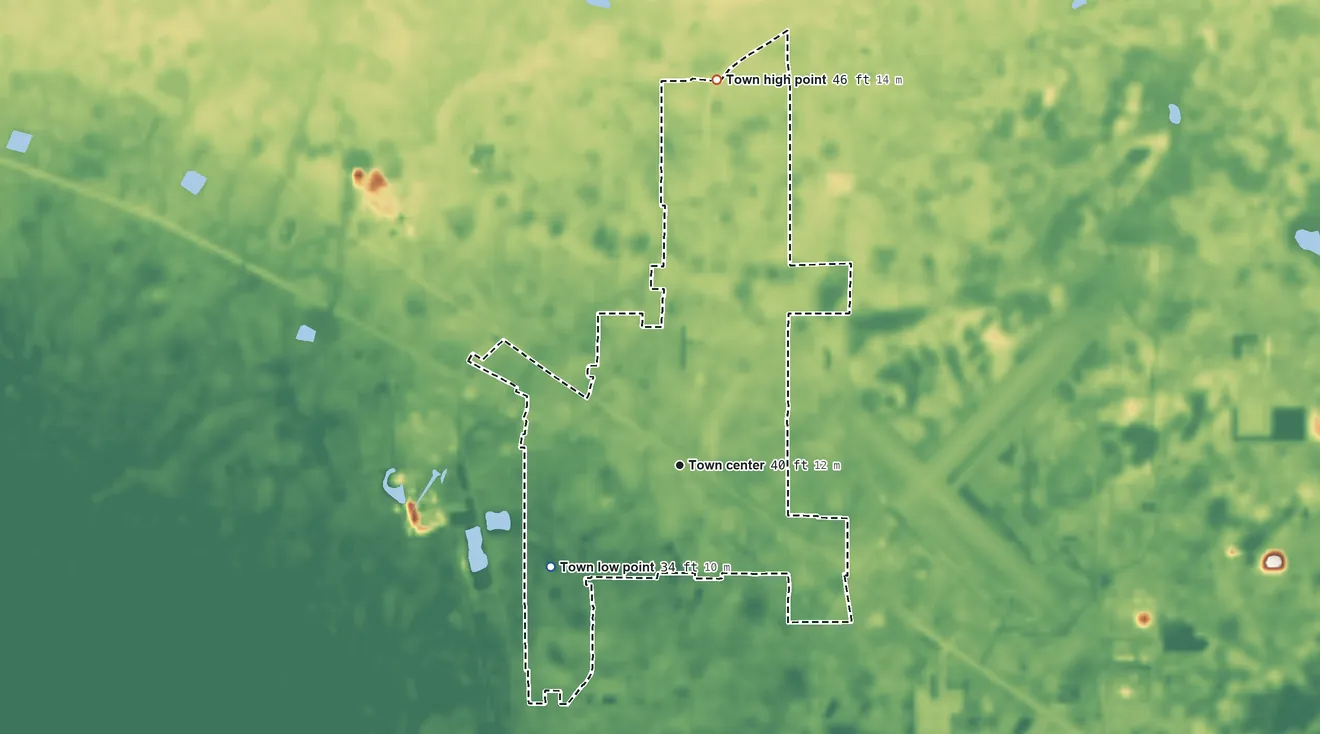 Topographic elevation map of Cross City, Florida, shaded from 34 ft on the southwest side to 46 ft on the north side