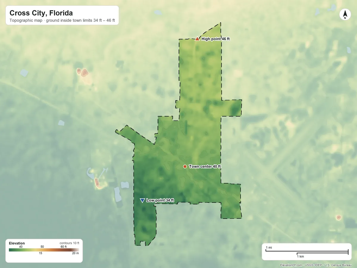 Topographic elevation map of Cross City, Florida, shaded from 34 ft on the southwest side to 46 ft on the north side