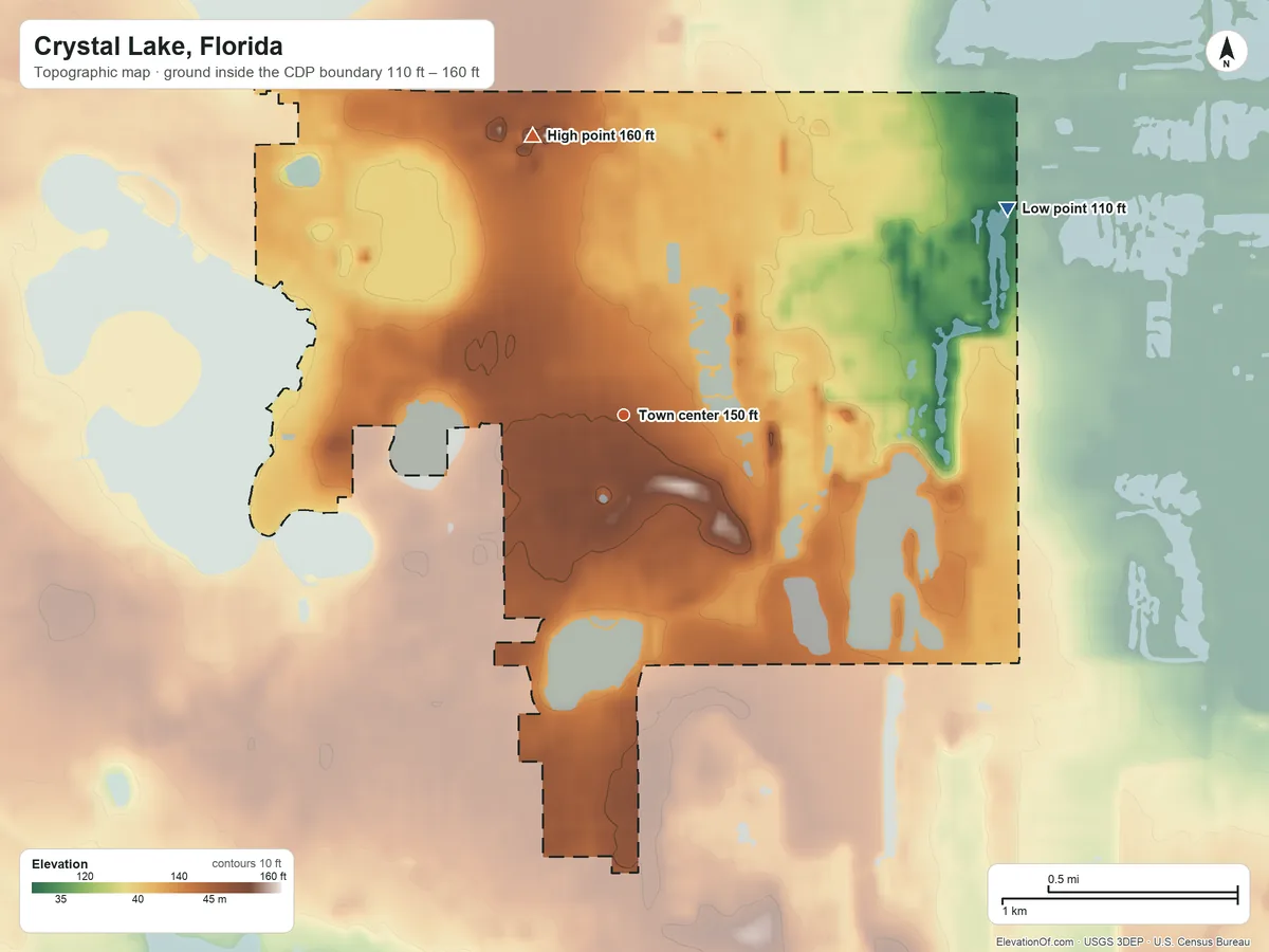 Topographic elevation map of Crystal Lake, Florida, shaded from 110 ft on the northeast side to 160 ft on the north side