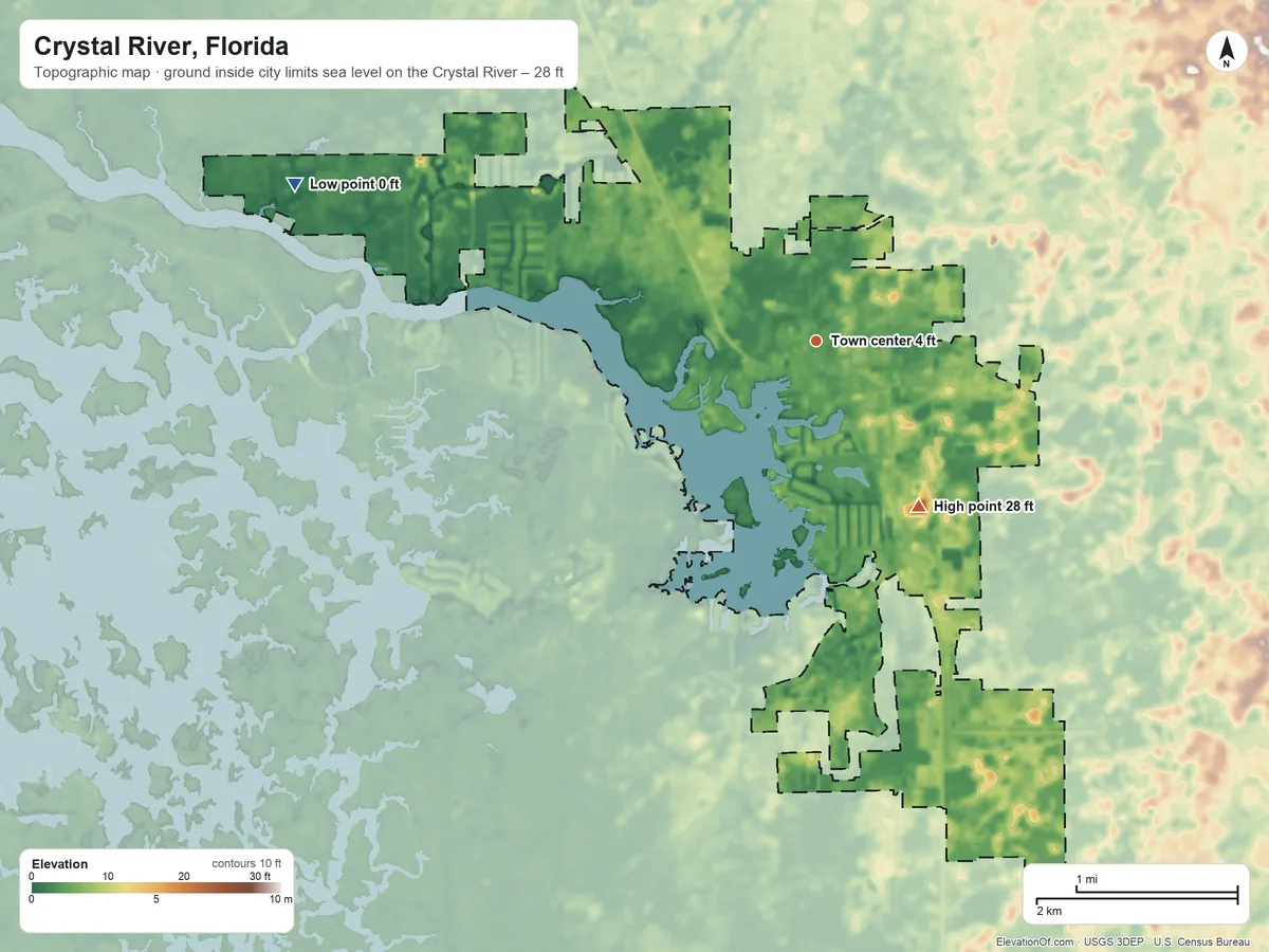 Topographic elevation map of Crystal River, Florida, shaded from sea level level on the Crystal River to 28 ft on the southeast side