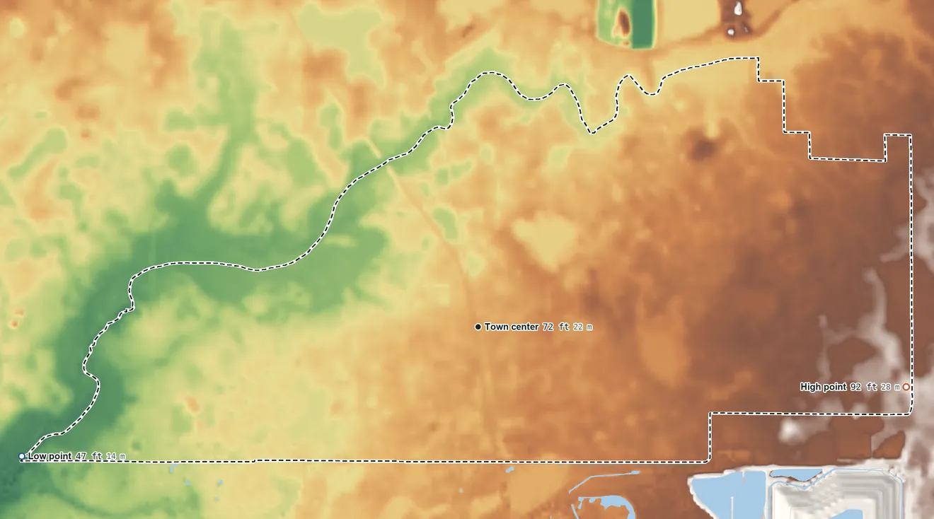 Topographic elevation map of Crystal Springs, Florida, shaded from 47 ft on the west side to 92 ft on the east side
