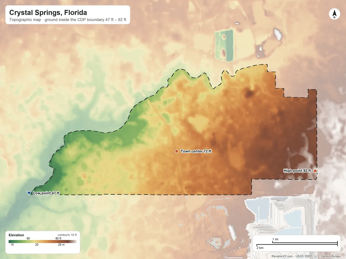 Topographic elevation map of Crystal Springs, Florida, shaded from 47 ft on the west side to 92 ft on the east side