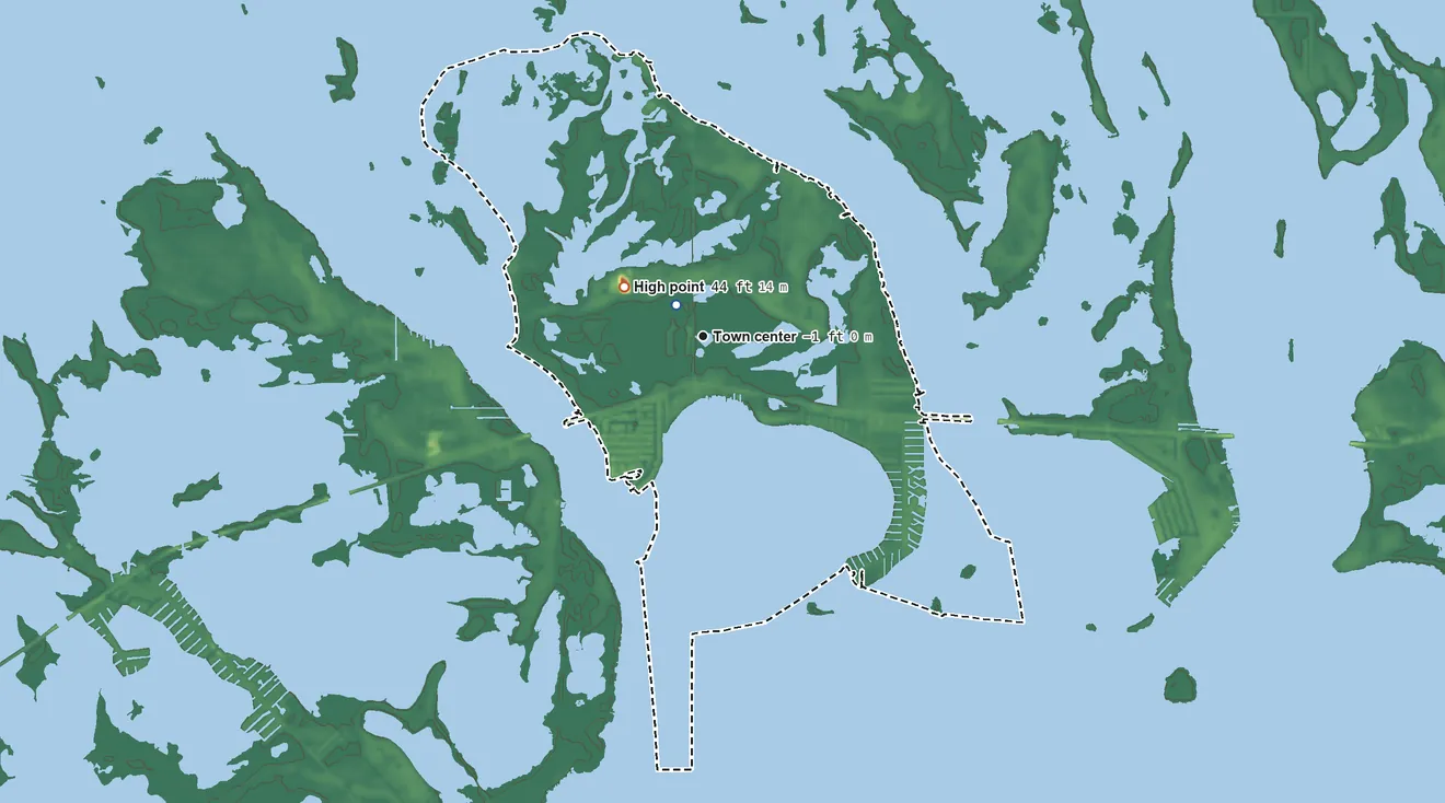 Topographic elevation map of Cudjoe Key, Florida, shaded from sea level level on Cudjoe Bay to 44 ft near the middle