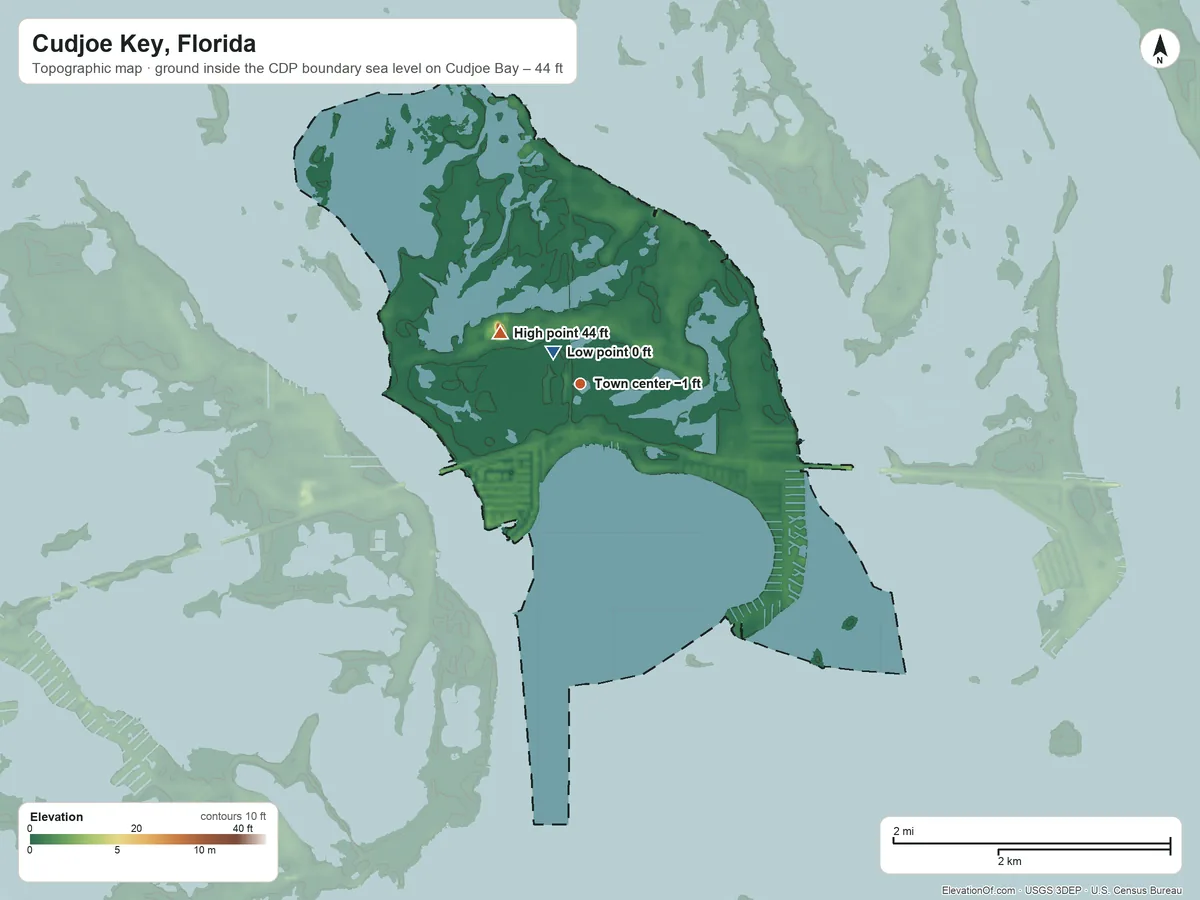 Topographic elevation map of Cudjoe Key, Florida, shaded from sea level level on Cudjoe Bay to 44 ft near the middle