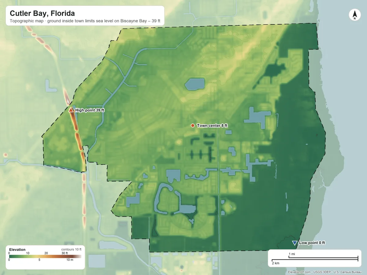 Topographic elevation map of Cutler Bay, Florida, shaded from sea level level on Biscayne Bay to 39 ft on the west side