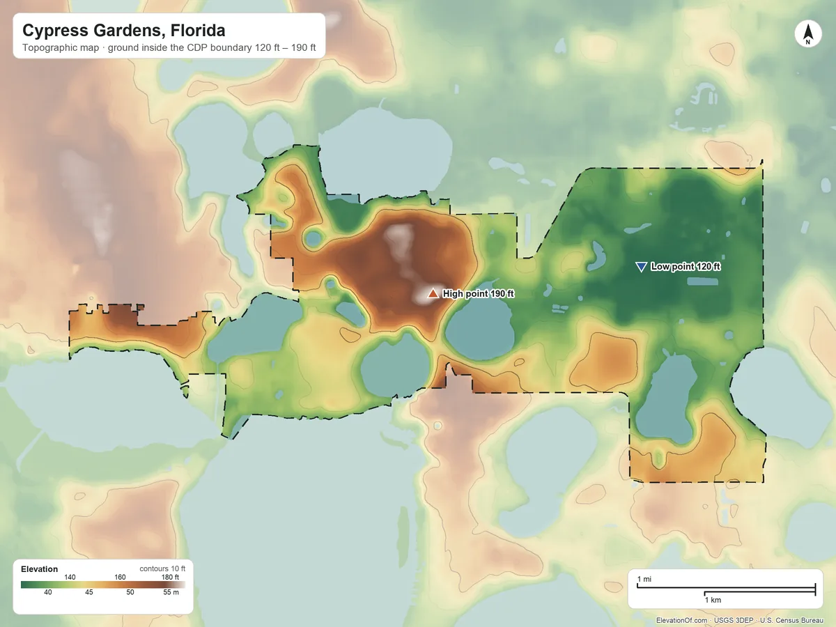Topographic elevation map of Cypress Gardens, Florida, shaded from 120 ft on the east side to 190 ft near the middle