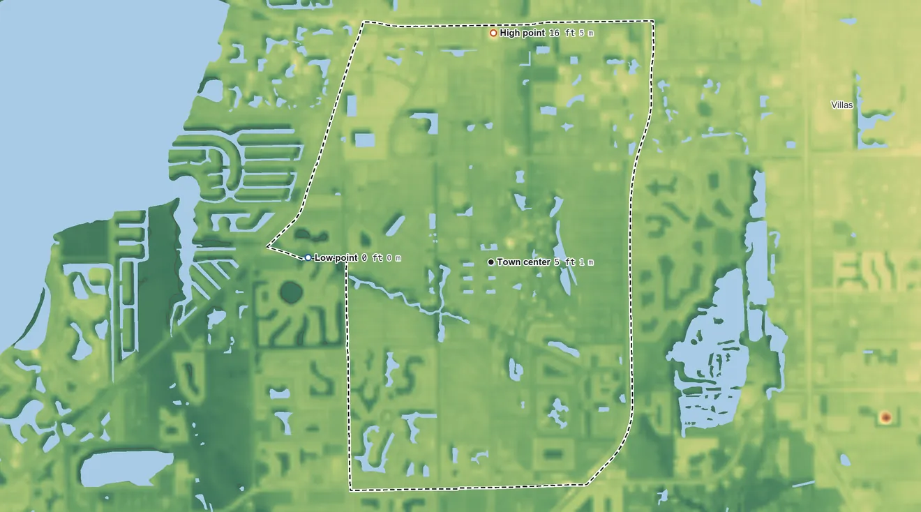 Topographic elevation map of Cypress Lake, Florida, shaded from 0 ft on the west side to 16 ft on the north side