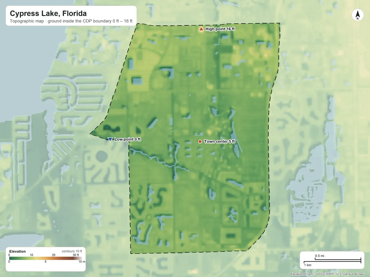Topographic elevation map of Cypress Lake, Florida, shaded from 0 ft on the west side to 16 ft on the north side