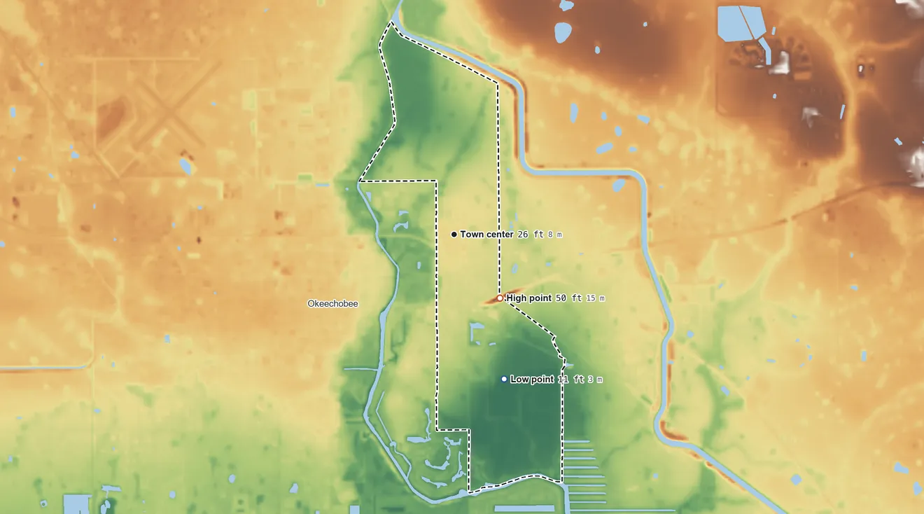 Topographic elevation map of Cypress Quarters, Florida, shaded from 11 ft on the south side to 50 ft on the southeast side