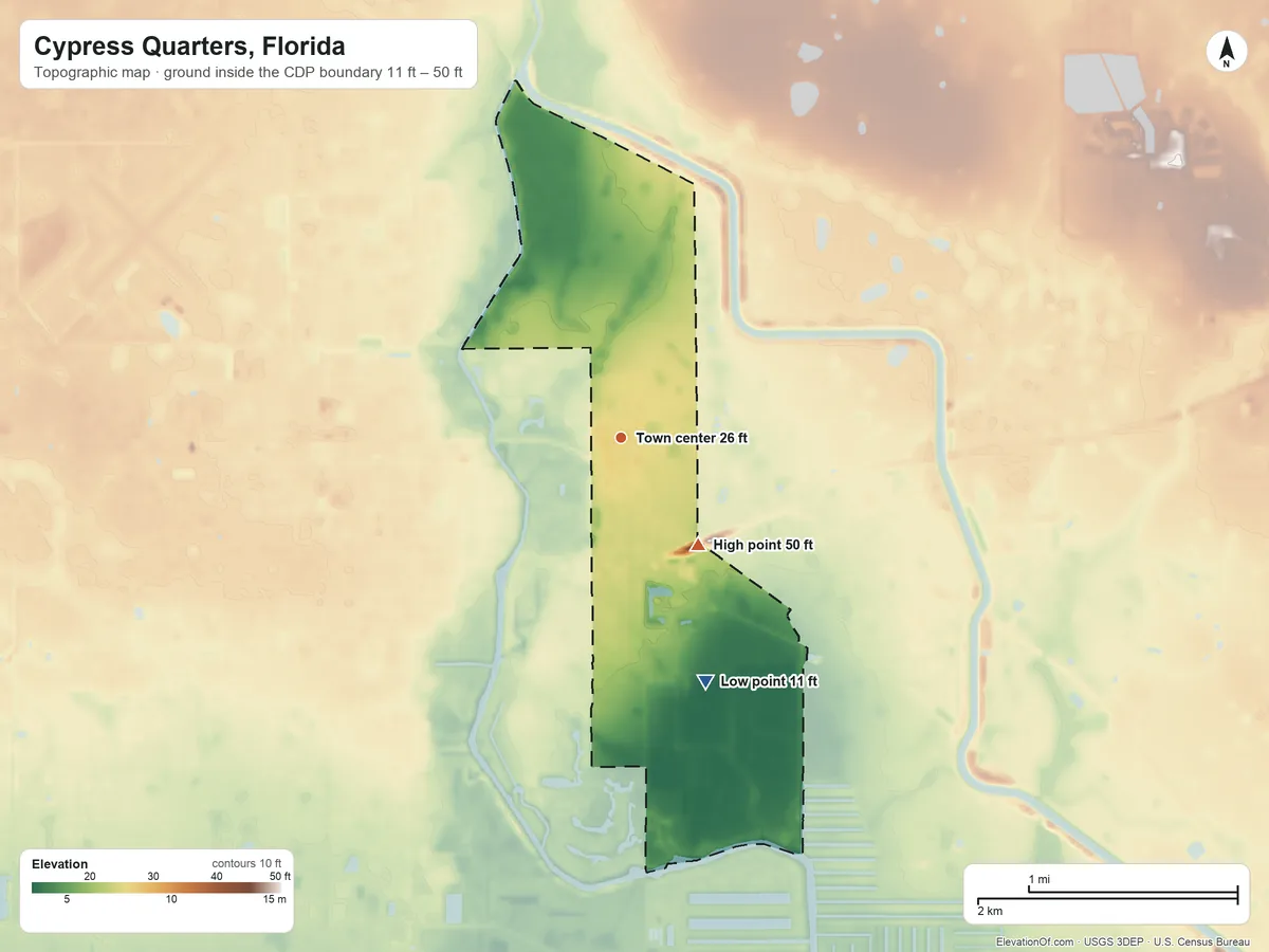 Topographic elevation map of Cypress Quarters, Florida, shaded from 11 ft on the south side to 50 ft on the southeast side