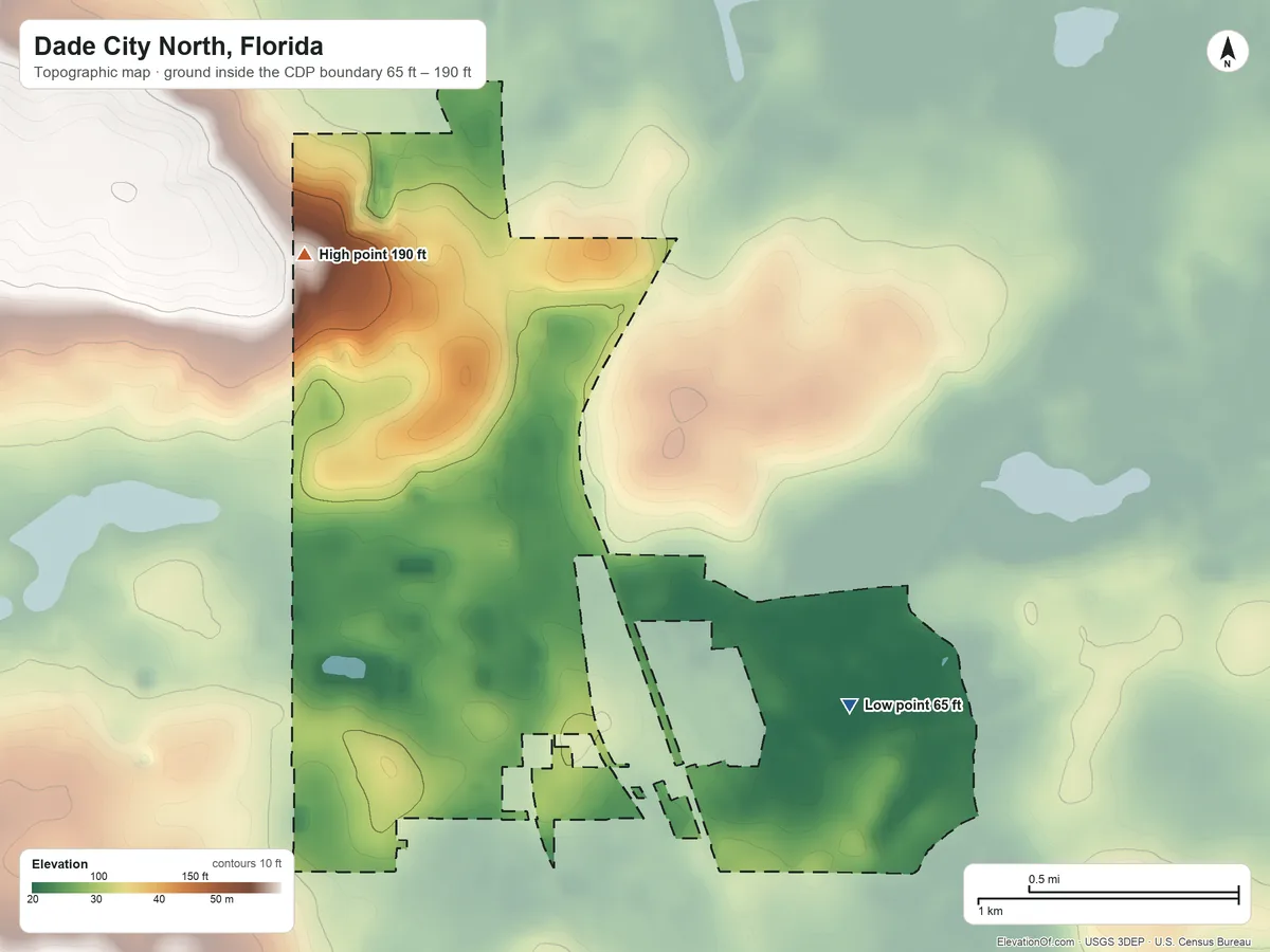 Topographic elevation map of Dade City North, Florida, shaded from 65 ft on the east side to 190 ft on the north side