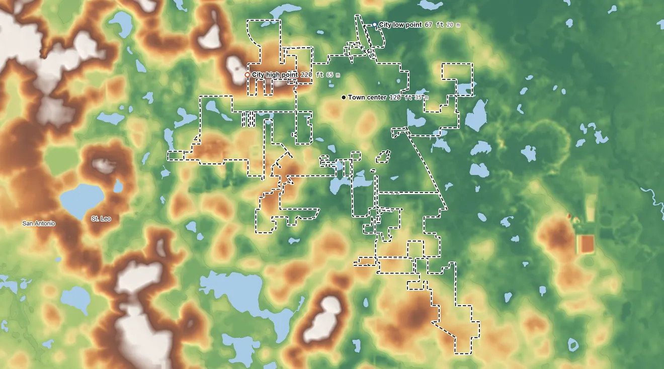 Topographic elevation map of Dade City, Florida, shaded from 67 ft on the northeast side to 220 ft on the west side