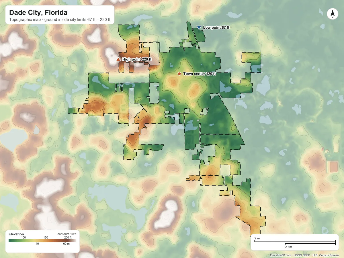 Topographic elevation map of Dade City, Florida, shaded from 67 ft on the northeast side to 220 ft on the west side